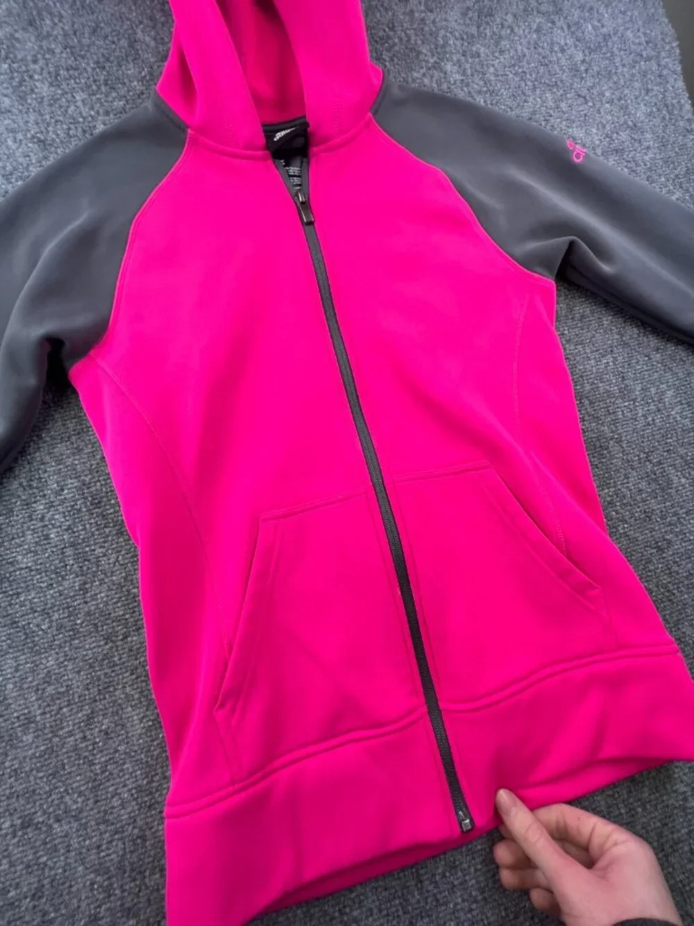 Adidas Girls Jacket 14 Large Gray Pink Hoodie Full Zip w Logo Fleece Inside
